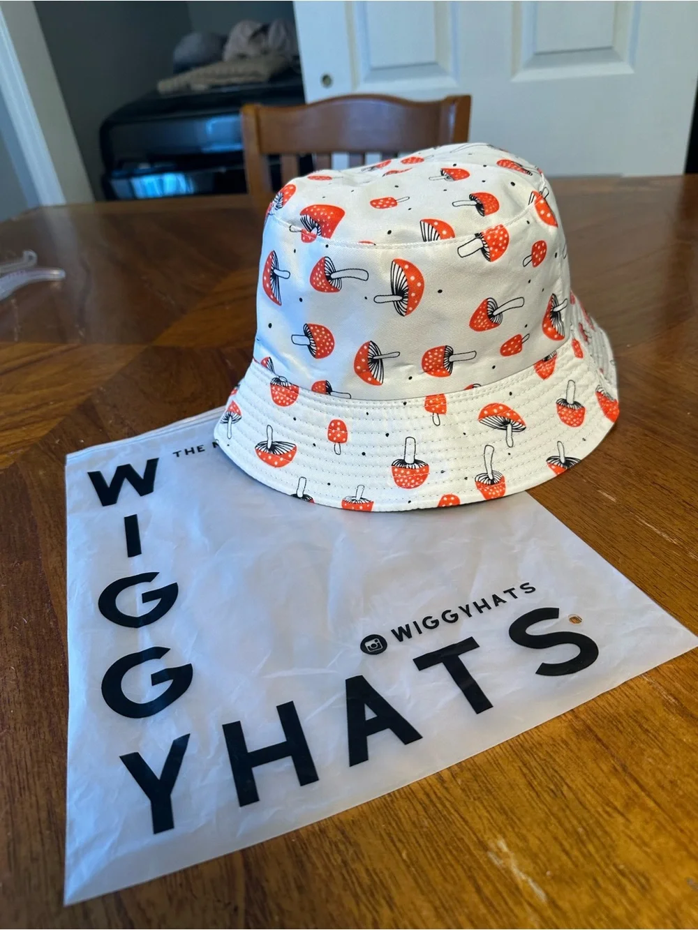 Womens White Bucket Hat with Red Mushroom Print